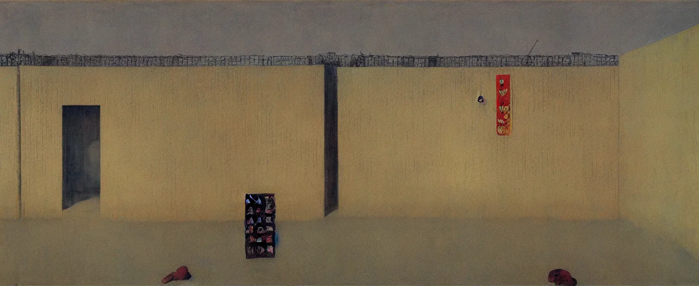 Image similar to a chinese prison near a river by peter doig, muted colors