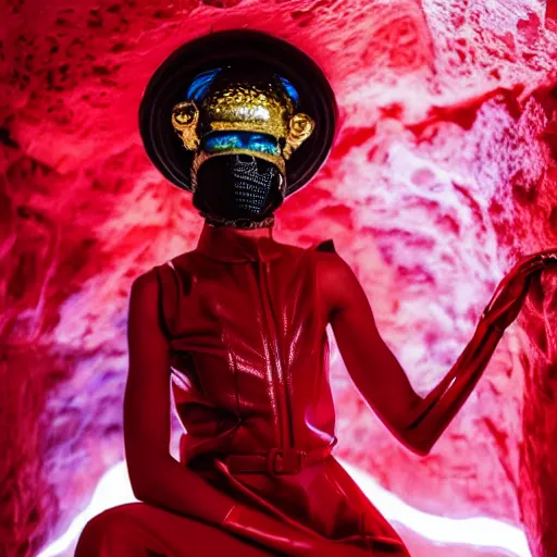 Prompt: close up of a female fashion model in year 3000 in a cave, model wearing a surreal Avant-garde helmet in red, dramatic lighting,photography , official Versace editorial , highly detailed