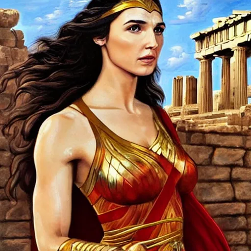 Prompt: Full body oil painting of the beautiful woman Gal Gadot, she is wearing some withe ancient roman cloths and a surreal ornate, her hair is natural disheveled, she is approaching heaven, she is in the Parthenon in Athens while people are claiming for her, she is attracting lightnings, naturalism, dramatic lighting, high-detailed oil painting by Ilya Repin, Michelangelo da Caravaggio, William Blake, Alex Grey and Beksinski, trending on Artsatio, hystorical painting, masterpiece, 4k, 8k,