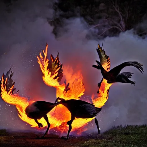 Prompt: fire breathing geese, geese spitting fire, fire from mouth, flame thrower