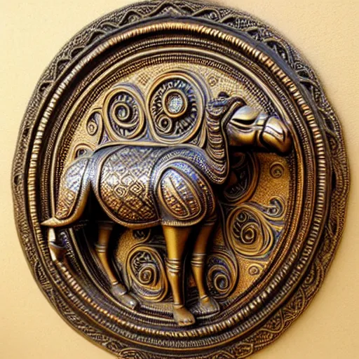 Image similar to gorgeous ornated bronze realistic detailed sacred camel wall decoration with filigree