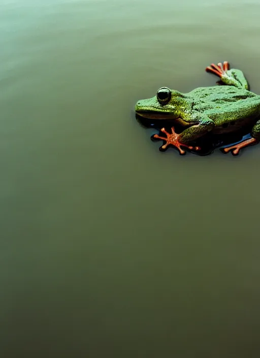 Image similar to semi translucent smiling frog amphibian hovering over misty lake in Jesus Christ pose, cinematic shot by Andrei Tarkovsky, paranormal, spiritual, mystical