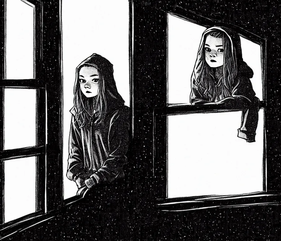 Image similar to sadie sink in hoodie sits on windowsill, knees tucked in | rain falls at night : storyboard, scifi cyberpunk. by gabriel hardman. cinematic atmosphere, detailed and intricate, perfect anatomy