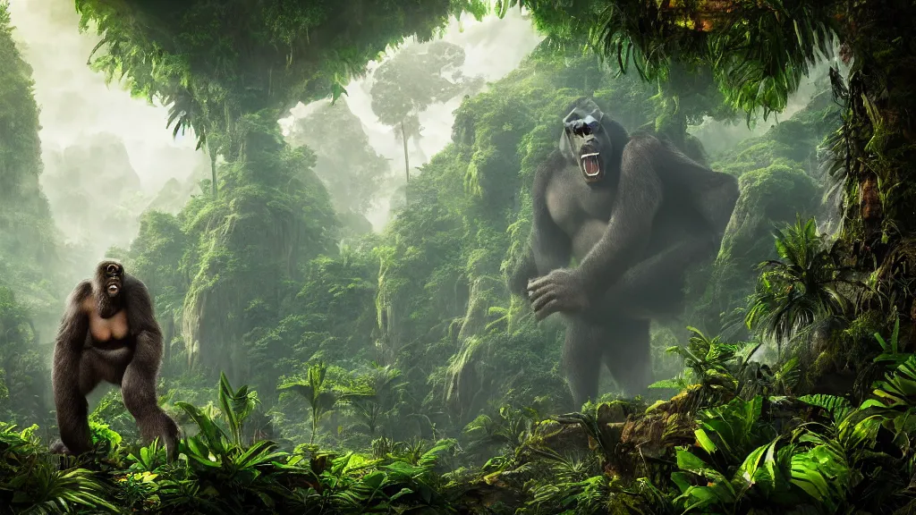 Image similar to King Kong in a tropical forest, fantasy artwork, very very very beautiful scenery, hd, hdr, ue5, ue6, unreal engine 5, cinematic 4k wallpaper, 8k, ultra detailed, high resolution, artstation, award winning