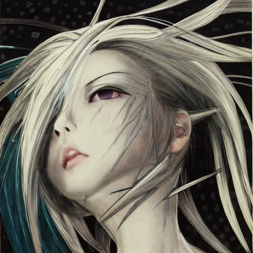 Image similar to Yoshitaka Amano realistic illustration of an anime girl with white hair and cracks on her face wearing dress suit with tie fluttering in the wind, abstract black and white patterns on the background, noisy film grain effect, highly detailed, Renaissance oil painting, weird portrait angle