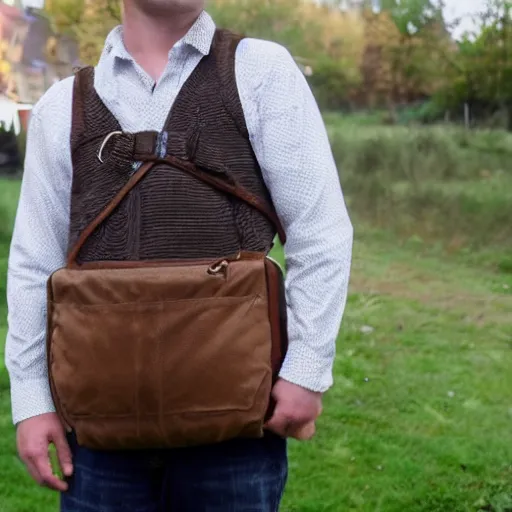 Image similar to white crossbody sling chest bag, (pudgy) british lad with short curly dark brown hair as a hobbit wearing a white men's crossbody sling chest bag and blue vest