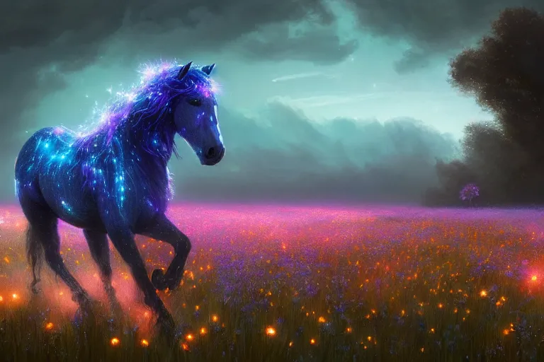 Image similar to a stunning digital painting of a horse with a mane of bioluminescent flowers running through a field of flowers by greg rutkowski, flowercore, volumetric light, digital art, fine detail, photorealistic