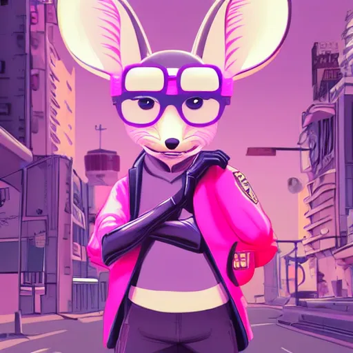 Prompt: fennec fox, neon pink, palm trees, furry, cute, smug facial expression, disney zootopia, zootopia, concept art, aviator sunglasses, smug expression, synthwave style, artstation, detailed, award winning, dramatic lighting, miami vice, digital illustration