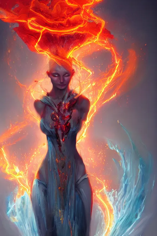 Image similar to torso of beautiful model wearing fire and lava dress, sorcerer, diamonds, angel, fantasy, dramatic lighting, highly detailed, digital painting, holding electricity, magic the gathering, hyper detailed, 3 d render, hyper realistic detailed portrait, peter mohrbacher, wlop, ruan jia