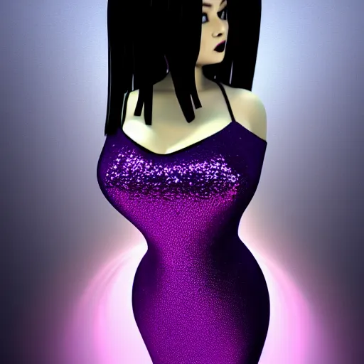 Image similar to curvy feminine hot goth cutie in a sublime elegant polished sequined black latex neck-high or tube-top floor length gown with purple accents, thin waist, cgsociety, photorealistic, comfy ambience, idealistic, 16k, smooth, sharp focus, trending on ArtStation, volumetric lighting, fully clothed, worksafe