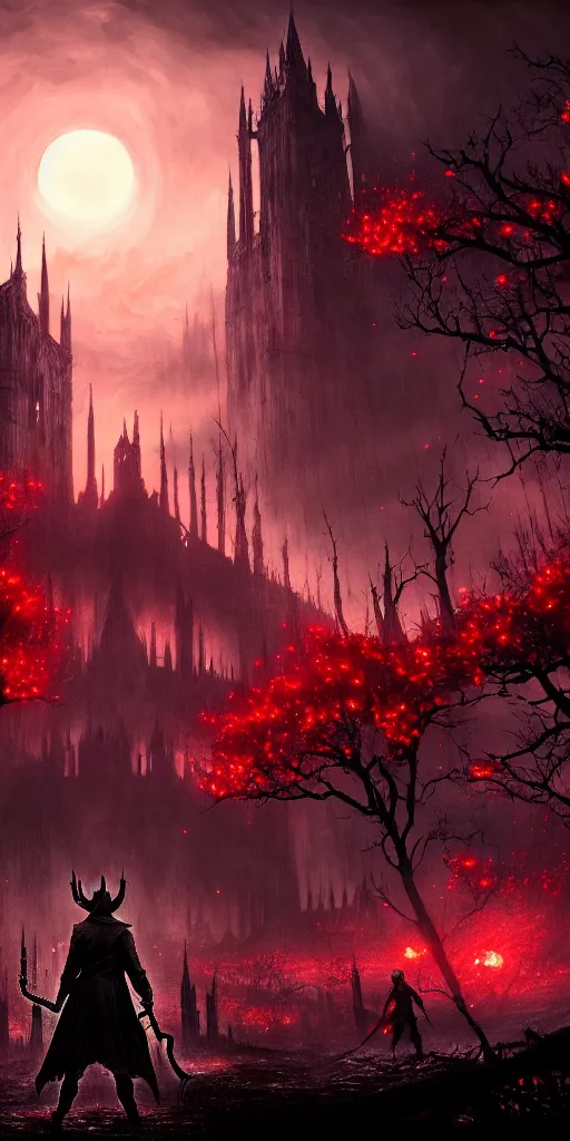Image similar to populated bloodborne old valley with a dark person at the centre and a ruined gothic city in the background, trees and stars in the background, falling red petals, epic red - orange moonlight, perfect lightning, wallpaper illustration by niko delort and kentaro miura, 4 k, ultra realistic