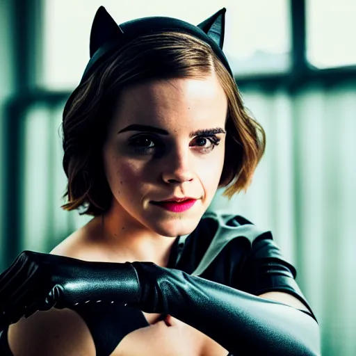 Prompt: Emma Watson as Catwoman, XF IQ4, 100MP, 50mm, f/1.4, ISO 200, 1/160s, natural light, Adobe Lightroom, photolab, Affinity Photo, PhotoDirector 365