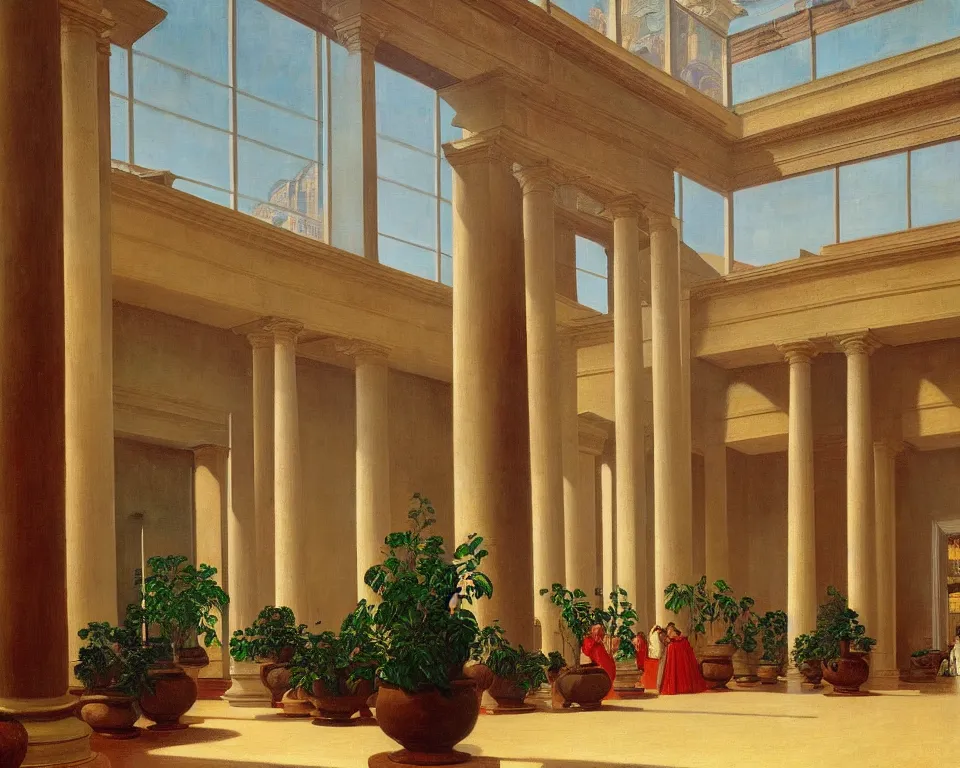 Prompt: an achingly beautiful print of the interior of an art museum with vibrant framed paintings covering the walls, potted plants, and classical antiquities by Raphael, Hopper, and Rene Magritte. detailed, romantic, enchanting, trending on artstation.