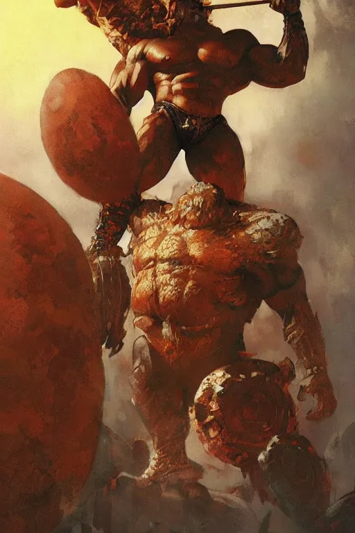 Prompt: giant bodybuilding warrior king on venus by ruan jia, jack kirby, norman rockwell, wayne barlow, sergey krasovskiy, zdzislaw beksinski, artstation creature