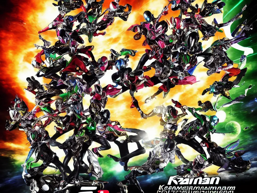 Image similar to kamen riders fighting with ulrtraman fly to universe, 8 k