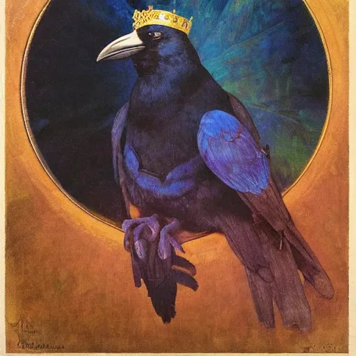 Prompt: portrait of a crow wearing a crown, by Annie Swynnerton and and Nicholas Roerich and Maxfield Parrish and Diego Rivera , symbolist, dramatic lighting, embroidered brocade robes, god rays, rich colors,smooth, sharp focus, extremely detailed