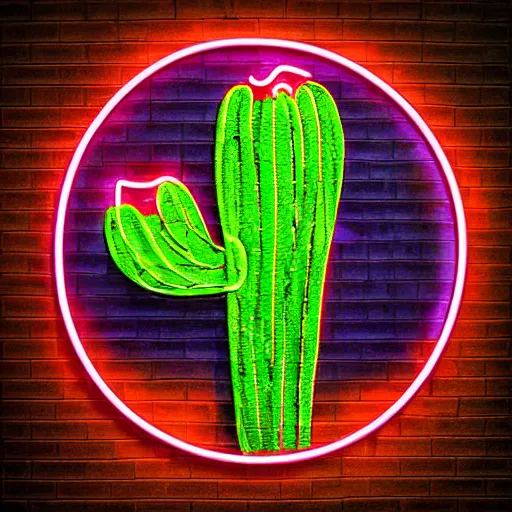 Prompt: a neon sign depicting a cactus, digital art, highly detailed, realistic, bright colors, 8 k