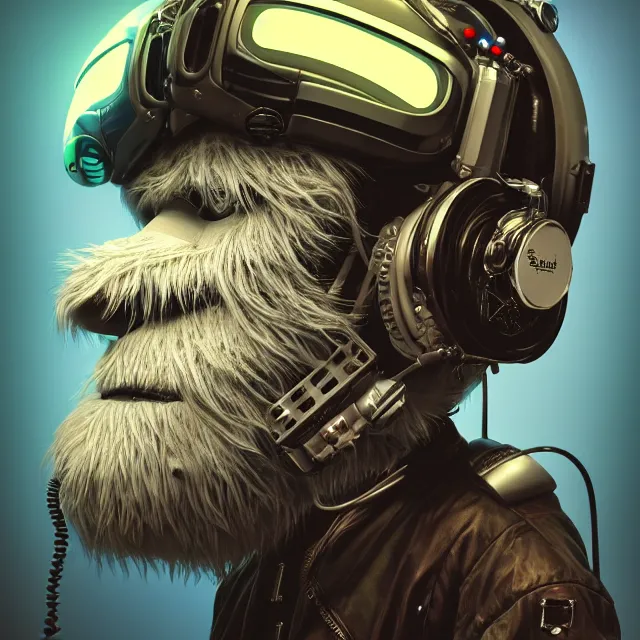 Image similar to a portrait of an anthropomorphic cyberpunk yeti in a motorcycle helmet, detailed render, tape deck, boombox, headphones, epic composition, cybernetics, 4 k realistic, cryengine, realistic shaded lighting, sharp focus, masterpiece, by matteo scalera, gary montalbano, peter elson in the style of the tokyo ghost comic