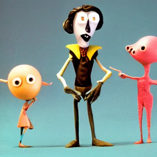 Prompt: Movie still Tim Burton claymation creatures from outer space