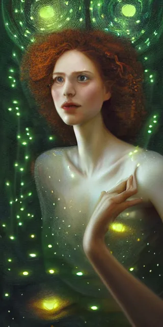 Image similar to young woman, smiling amazed, surrounded by firefly lights, full covering intricate detailed dress, amidst nature, long red hair, precise linework, accurate green eyes, small nose with freckles, beautiful smooth oval shape face, empathic, expressive emotions, dramatic lights, hyper realistic ultrafine art by artemisia gentileschi, jessica rossier, boris vallejo