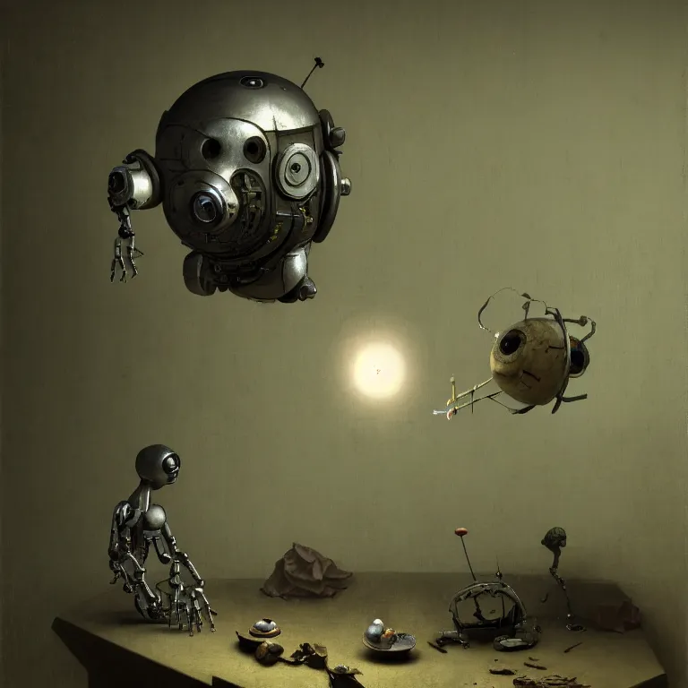 Image similar to still life of abandoned robot by hieronymus bosch, wide shot, soft glow bloom lucid dream - like ethereal atmosphere, baroque portrait painting, perfect composition, beautiful intricate detailed octane render trending on artstation, 8 k artistic photography, volumetric cinematic perfect light, chiaroscuro, masterpiece, raphael, caravaggio, rutkowski, beeple, beksinski