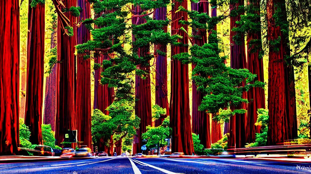 Image similar to Market Street San Francisco lined with Redwood Trees; City in Harmony with Nature; Location: San Francisco, California; retro-natural-futurism; Trees photographed by Neil Burnell