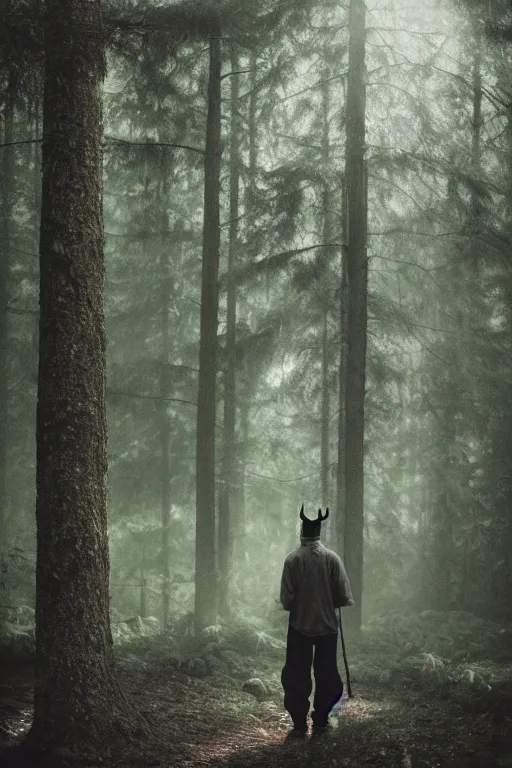 Prompt: kodak portra 4 0 0 photograph of a guy wearing a kings crown standing in a dark fantasy forest, back view, lens flare, moody lighting, moody vibe, telephoto, 9 0 s vibe, blurry background, grain, tranquil, calm, faded!,