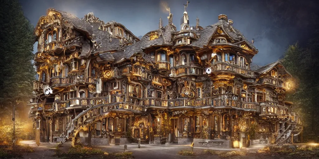 Image similar to Beautiful steampunk Swiss chalet made of intricate watch parts, cogs, gears, gearwheels, levers, jewels, shiny silver, shiny gold, architectural render, futuresynth, by Gabriel Dawe, by Skottie Young, by Jessica Rossier, by Isaac Cordal, Rolex, Breitling, Jacob & Co, Omega, Tag Heur