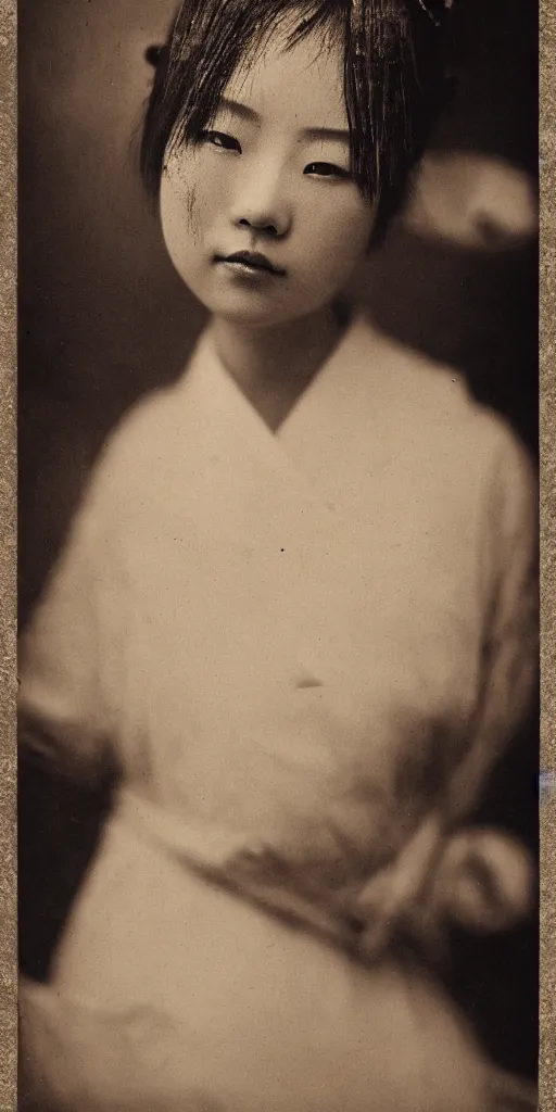 Prompt: a wet plate photography of a young asiatic young woman, geisha, photorealistic, cinematic light, highly detailed, shallow depth of field