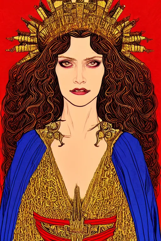 Image similar to Portrait of historically accurate, ancient biblical, sultry, sneering, evil, pagan, wicked, queen jezebel, wearing gilded robes, long hair, intricate, elegant, highly detailed, masterpiece, illustration, art by Jean Giraud, highly detailed, trending on artstation, award winning