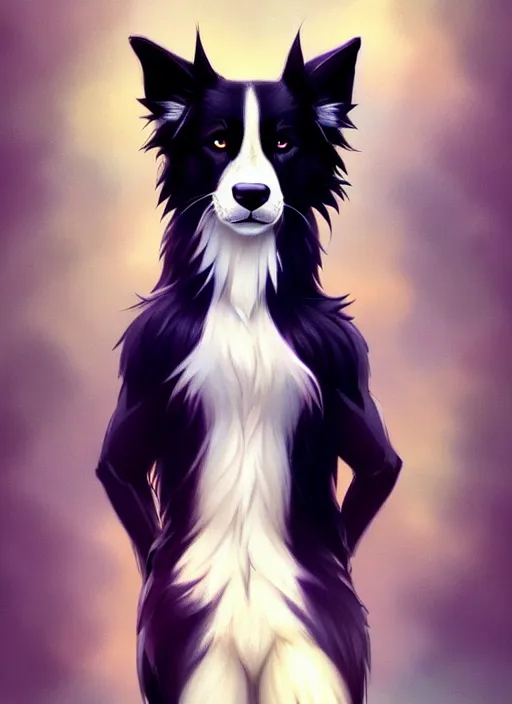 Image similar to wide angle beautiful full body portrait of a cute anthro male border collie fursona with two legs posing in front of a park, character design by charlie bowater, henry asencio, and ross tran, furry art, furaffinity, beautiful, glamor pose, detailed, aesthetic, trending on artstation