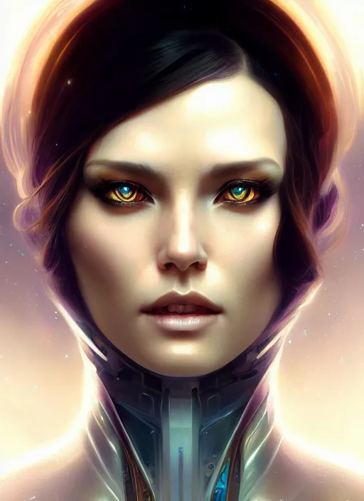 Image similar to futuristic woman portrait, sci-fi, amber eyes, face, long hair, fantasy, intricate, elegant, highly detailed, digital painting, artstation, concept art, smooth, sharp focus, illustration, art by artgerm and greg rutkowski and alphonse mucha