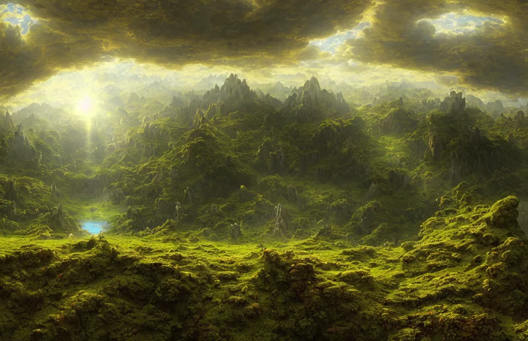 Image similar to mandelbrot mandelbulb swiss landscape, ridley scott, hyperreal phantastic green meadow landscape, small sailship, intricate details in environment, meeting point, portal, luminance, bright pastel colors, golden ratio, high aestehtic, cinematic light, godrays, distance, clear atmosphere, photobash, wideangle, bierstadt, hyperreal 4 k