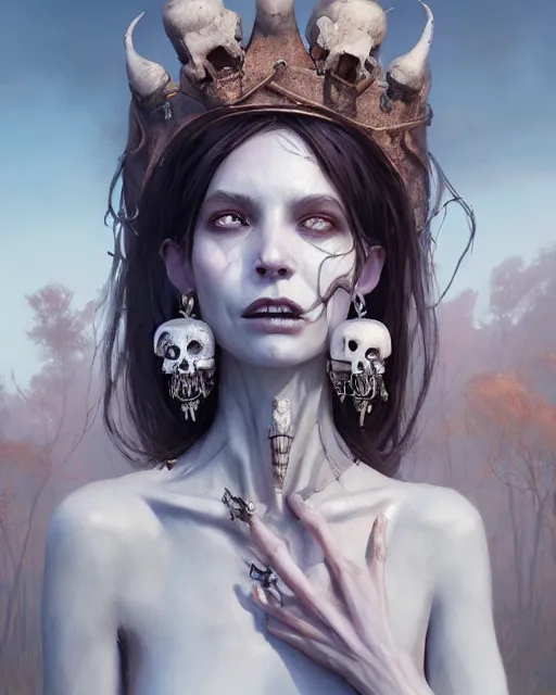 Image similar to portrait of a bone queen, bone crown, skull earings, bone dress, stephen bliss, unreal engine, by greg rutkowski, loish, rhads, makoto shinkai and lois van baarle, ilya kuvshinov, rossdraws, global illumination, radiant light, detailed and intricate environment