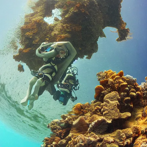 Prompt: two scuba divers exploring a massive statue underwater, a masterpiece by rodrigo martinez, best painter in the world