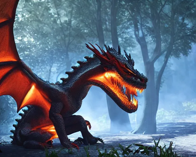 Prompt: A dragon, breathing fire, in a fantasy forest. Fantasy Demo in Unreal Engine. Beautiful glow off the fire. Terrifying dragon with bright eyes.