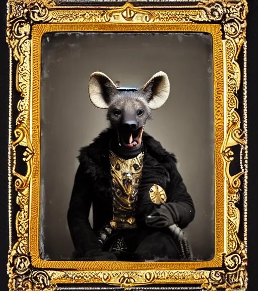 Image similar to professional studio photo portrait of anthro anthropomorphic spotted hyena head animal person fursona smug smiling wearing elaborate pompous royal king robes clothes wallet frame by Louis Daguerre daguerreotype tintype