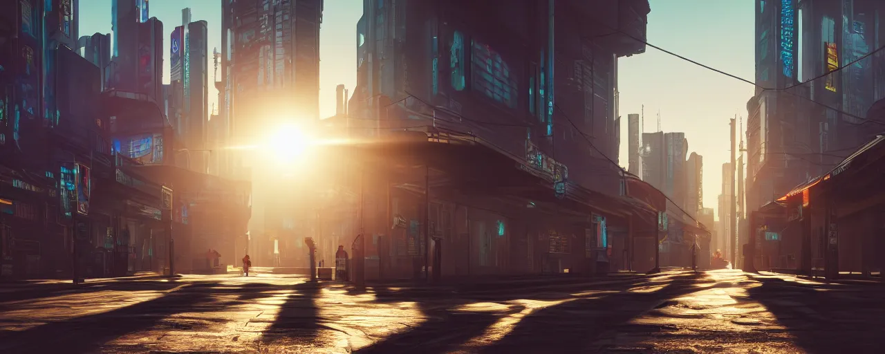 Image similar to photorealistic cyberpunk city streets. daylight. sunlight. lens flare. light fixtures. 8K. detailed. photorealism. artstation. 25mm f/1.7 ASPH Lens. ultra realistic