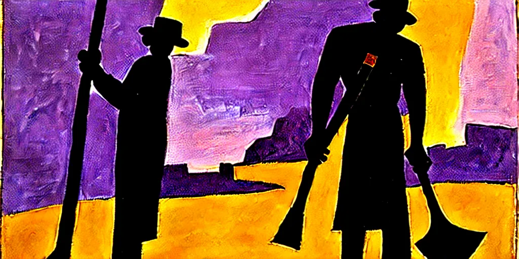 Image similar to old black man holding pick axe in hand, shades of purple, oil painting by aaron douglas,