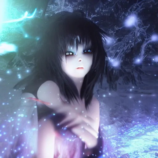 Prompt: photorealistic full body shot of masterpiece angry darkness anime girl, beautifull lovely eyes, posing, electric aura with particles, snowing frozen ice, darkness background, inspired by masami kurumada, akira toriyama, detailed, unreal engine 4 k, volumetric light, fog