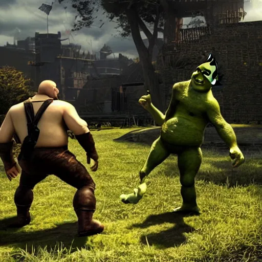 Prompt: ultra wide gameplay screenshot, shrek fighting with steven armstrong ( metal gear ) on a helipad, epic, world record, digital illustration radiating a glowing aura global illumination ray tracing hdr fanart arstation