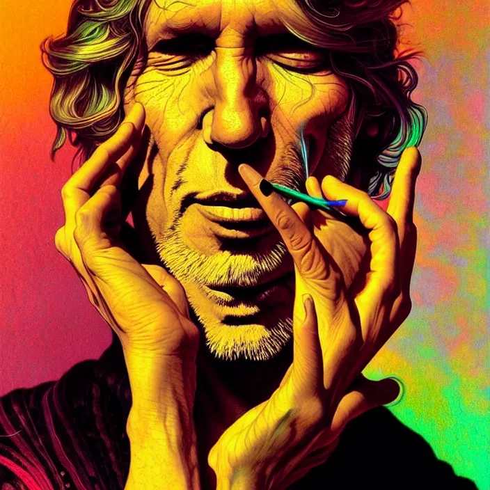 Image similar to bright psychedelic portrait of roger waters smoking dmt, diffuse lighting, fantasy, intricate, elegant, highly detailed, lifelike, photorealistic, digital painting, artstation, illustration, concept art, smooth, sharp focus, art by john collier and albert aublet and krenz cushart and artem demura and alphonse mucha