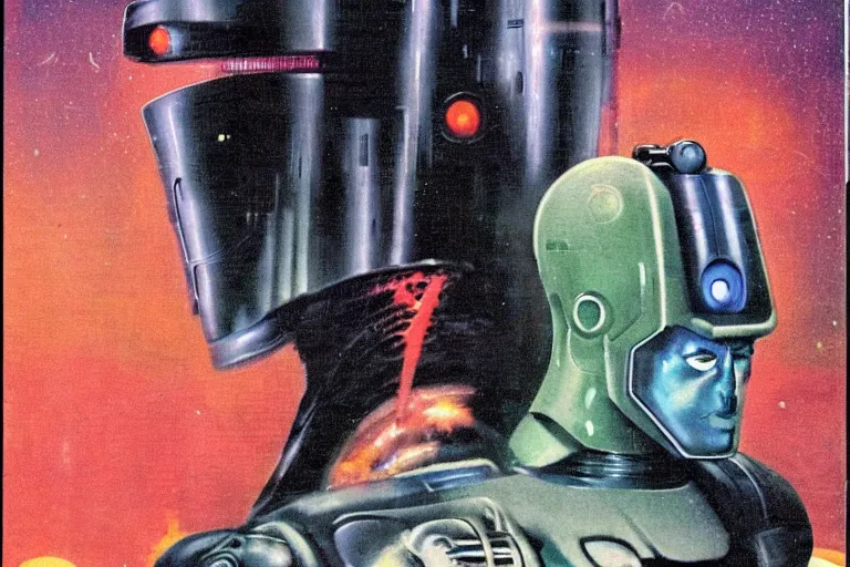 Prompt: 1979 OMNI Magazine Cover depicting a creepy angry imposing Android. Cyberpunk Akira style by Vincent Di Fate