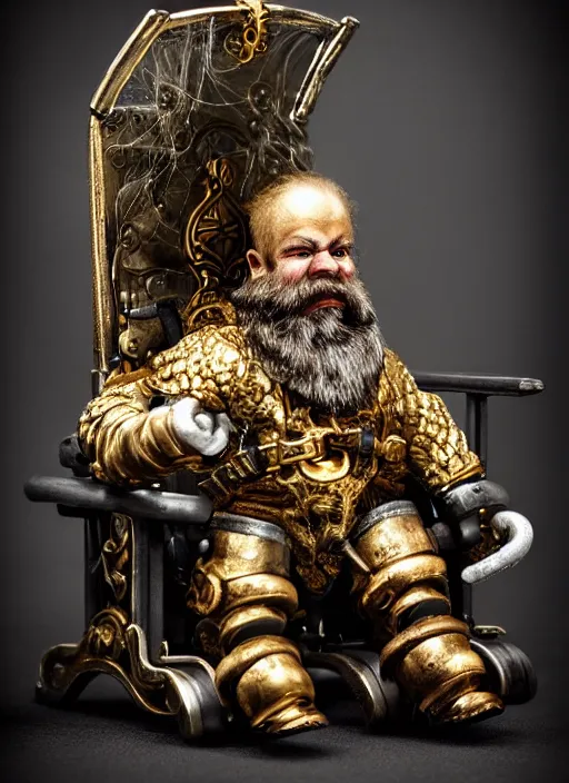 Image similar to dwarf fighter sitting in mechanical chair that has spider legs, gold and purple, exquisite details, black beard, white background, by studio muti