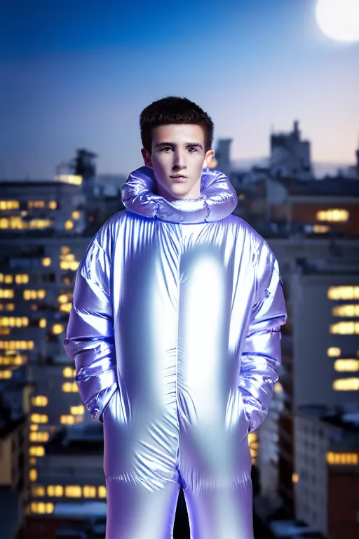 Image similar to un ultra high definition studio quality photographic art portrait of a young man standing on the rooftop of a british apartment building wearing soft baggy inflatable padded silver iridescent pearlescent clothing. three point light. extremely detailed. golden ratio, ray tracing, volumetric light, shallow depth of field. set dressed.