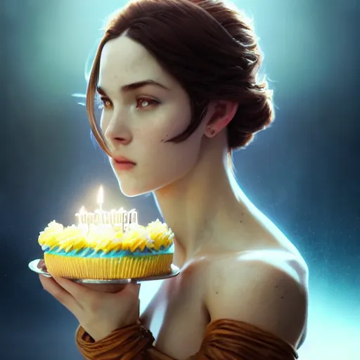 Image similar to cinematic screenshot of a delicious looking birthday cake ; crisp sharp focus ; ultra realistic, concept art, intricate details, food photography, highly detailed, photorealistic, octane render, 8 k, unreal engine. art by artgerm and greg rutkowski and charlie bowater and magali villeneuve and alphonse mucha