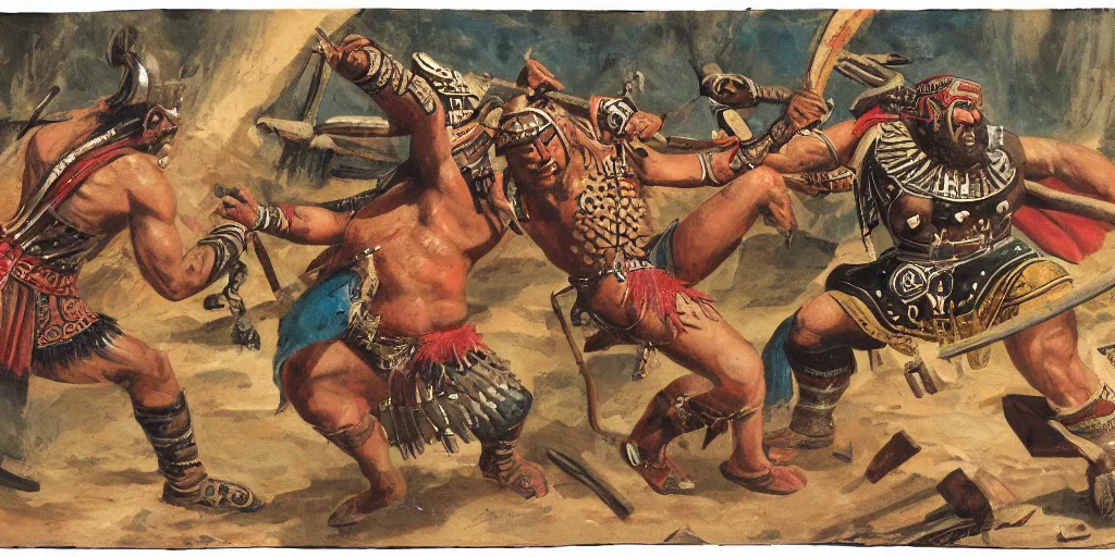 Prompt: Aztec Jaguar Warrior fighting against Thor (Viking )in a one on one battle. Historically accurate, highly detailed.