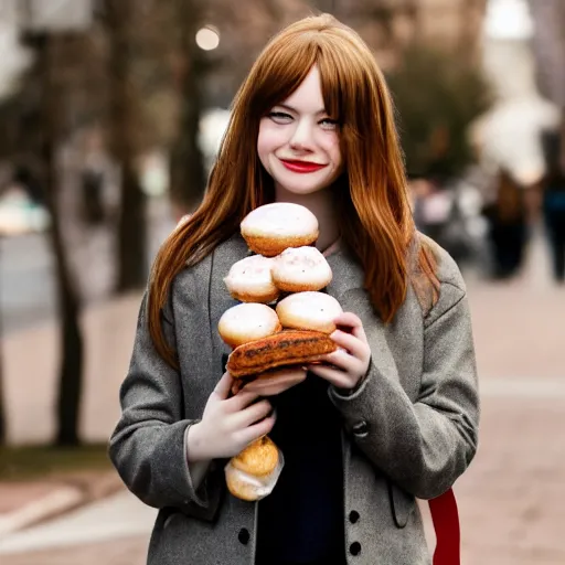 Image similar to photo of cute teenage emma stone, freckles, holding bunch of donuts, street of moscow, shallow depth of field, cinematic, 8 0 mm, f 1. 8
