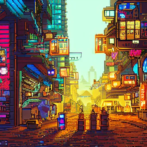 Image similar to fantastic lighting, pixel art, high detail , 16 bits, cyberpunk market, 2d