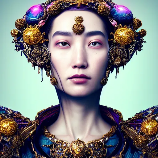 Image similar to a beautiful empress portrait, with a brilliant, impossible striking big cosmic galaxy headpiece, clothes entirely made out of cosmos chaos energy, symmetrical, dramatic studio lighting, rococo, baroque, jewels, asian, hyperrealism, closeup, D&D, fantasy, intricate, elegant, highly detailed, digital painting, artstation, octane render, 8k, concept art, matte, sharp focus, illustration, art by Artgerm and Greg Rutkowski and Alphonse Mucha